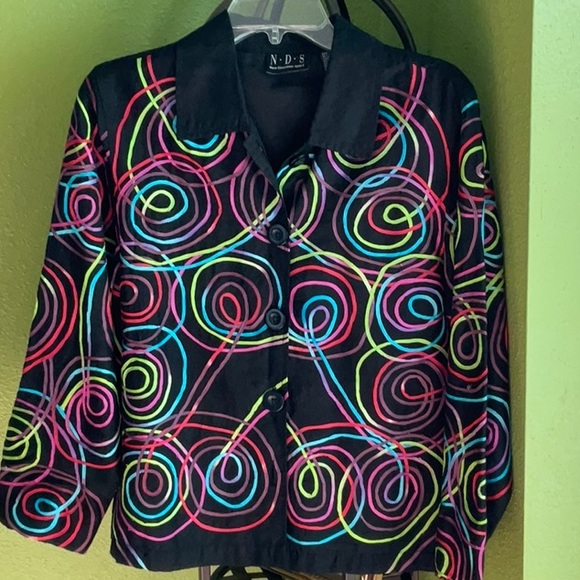 💖New Direction Sport black jacket with swirly colored ribbons, front buttons - Picture 1 of 4